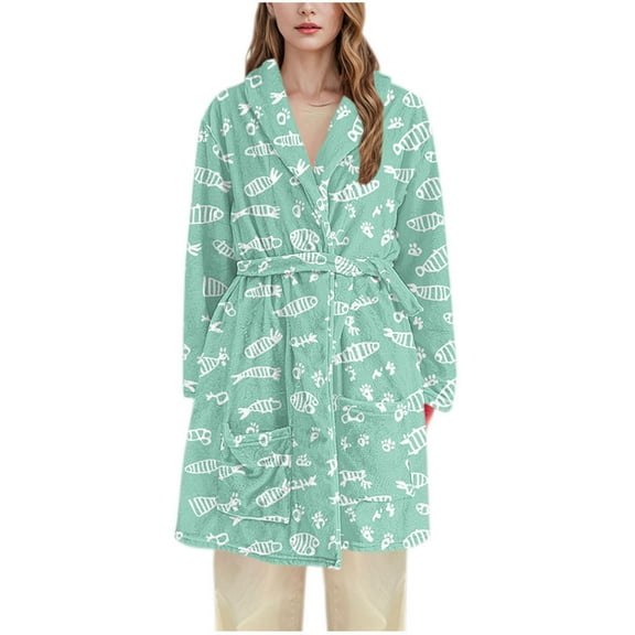 Hvot&aat Women's Flannel Robe Cute Paw Pattern Plush Fleece Bathrobe Soft Warm Winter Housecoats Nightgown with Pockets