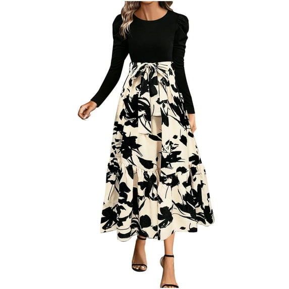 Hvot&aat Women's Floral High Waist Dress Elegant Long Sleeve Patchwork Flowy Dress A Line Fall Frocks