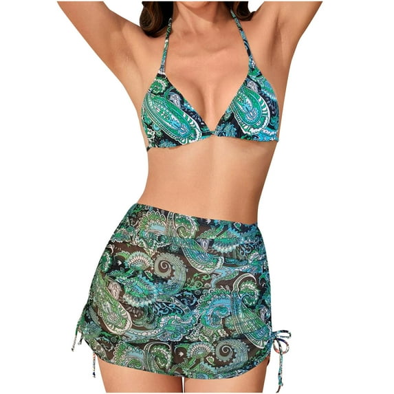 Hvot&aat Women's Four Piece Swimsuits Sexy Bikini Sets Triangle Bathing Suit with Cover Up & Bandana Vintage Printed Swimwear