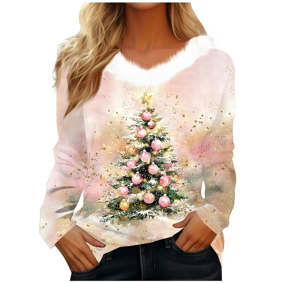 Hvot&aat Women's Furry V Neck Christmas Sweater Warm Long Sleeve Pullover Xmas Sweatshirts