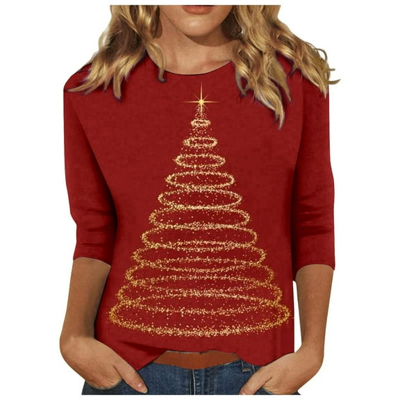 Hvot&aat Women's Glitter Christmas Tree Sweatshirts Casual 3/4 Sleeve Blouses Loose Crewneck Pullover Color Block Tunic Shirts