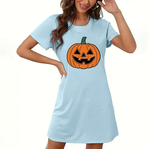 Hvot&aat Women's Halloween Chest Print Funny Pumpkin Dress Comfort Crew Neck Short Sleeve Nightdress