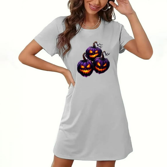 Hvot&aat Women's Halloween Chest Print Funny Pumpkin Dress Comfort Crew Neck Short Sleeve Nightdress