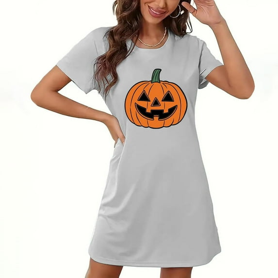 Hvot&aat Women's Halloween Chest Print Funny Pumpkin Dress Comfort Crew Neck Short Sleeve Nightdress