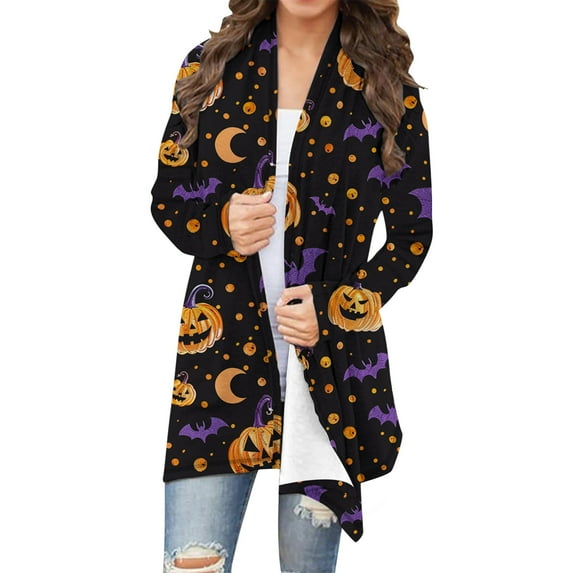 Hvot&aat Women's Halloween Long Sleeve Cardigan Fall Open Front Cat Pumpkin Cardigan Oversize Medium Length Coat