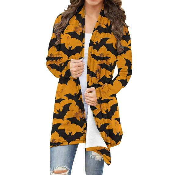 Hvot&aat Women's Halloween Long Sleeve Cardigan Fall Open Front Cat Pumpkin Cardigan Oversize Medium Length Coat