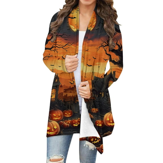Hvot&aat Women's Halloween Long Sleeve Cardigan Fall Open Front Cat Pumpkin Cardigan Oversize Medium Length Coat