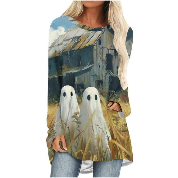 Hvot&aat Women's Halloween Printed Lightweight Tunics Tops Loose Fit Crewneck Long Sleeve Pullover Wear With Leggings
