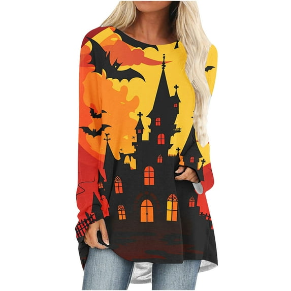 Hvot&aat Women's Halloween Printed Lightweight Tunics Tops Loose Fit Crewneck Long Sleeve Pullover Wear With Leggings