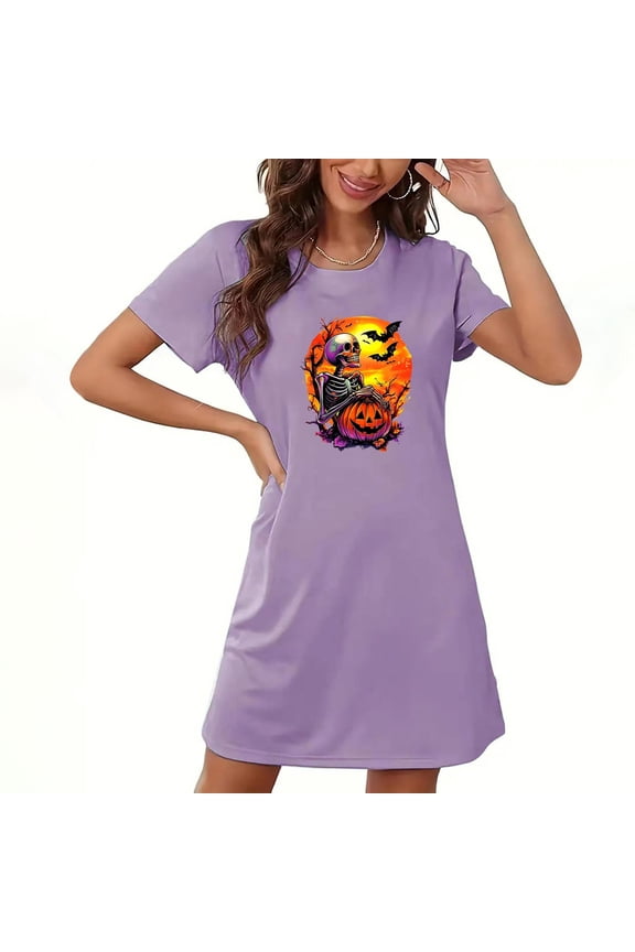 Women's Halloween Skeleton Pumpkin Sweatshirts Dress Funny Print Crew Neck Short Sleeve Nightdress