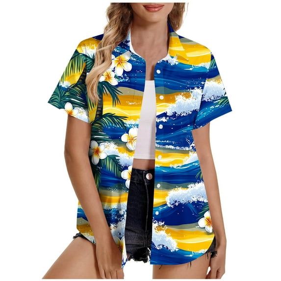 Hvot&aat Women's Hawaiian Short Sleeve Shirts Floral Tropical Print Button Down Tops Oversize Cool Blouses