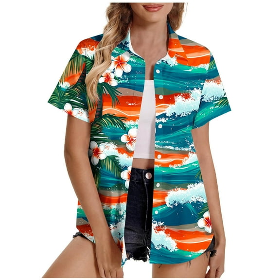 Hvot&aat Women's Hawaiian Short Sleeve Shirts Floral Tropical Print Button Down Tops Oversize Cool Blouses