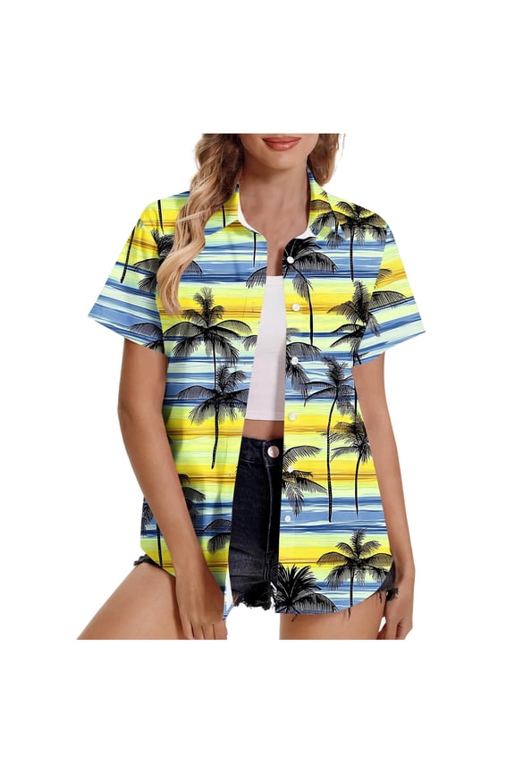 Women's Hawaiian Short Sleeve Shirts Floral Tropical Print Button Down Tops Oversize Cool Blouses