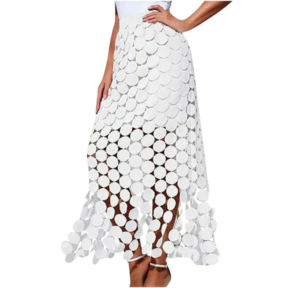 Hvot&aat Women's Heavy Hollow Out Tassel Skirt Summer High Waisted Fringe Hem Long Skirt Beach Vacation Skirt