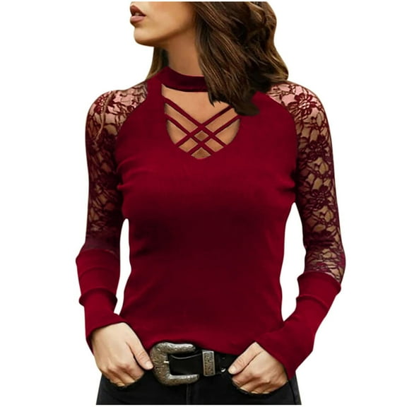 Hvot&aat Women's High Neck Lace-up Shirt Sexy Cutout Sheer Lace Tops Dressy Long Sleeve Patchwork Blouse Vintage Fashion Pullover