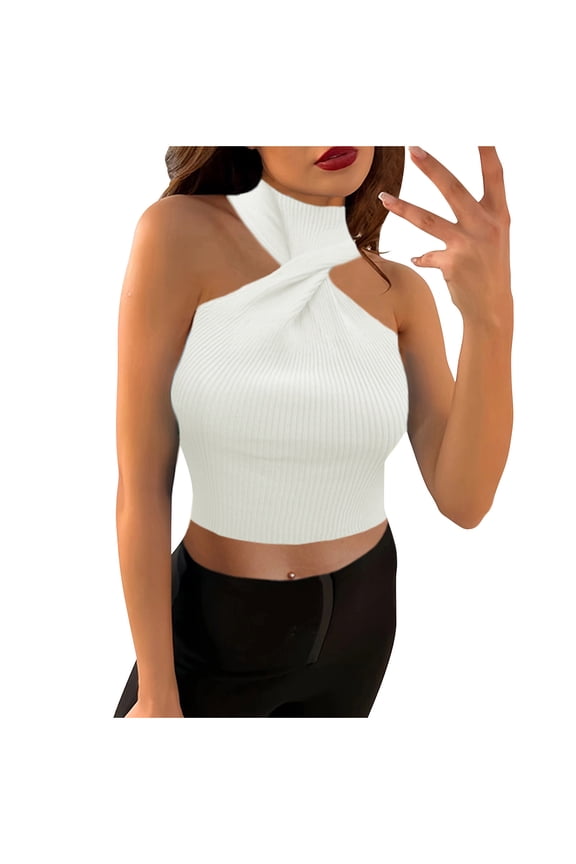 Women's High Neck Twist Front Crop Top Stretchy Tailored Fit Ribbed Exposed Navel Vests Sleeveless Solid Tank