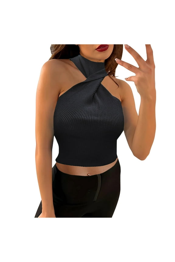 Women's High Neck Twist Front Crop Top Stretchy Tailored Fit Ribbed Exposed Navel Vests Sleeveless Solid Tank