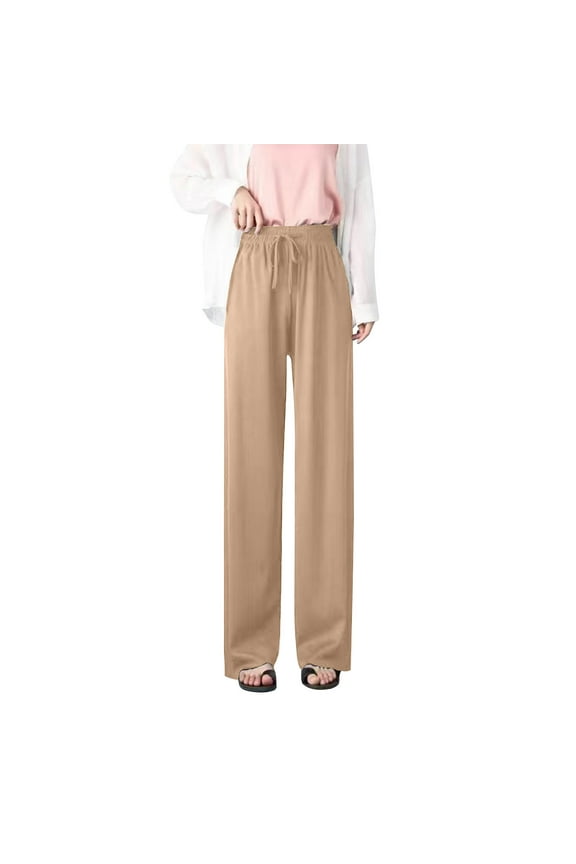 Women's High Waist Pants Solid Color Wide Leg Pants Drawstring Stretch Straight Leg Pants with Pockets