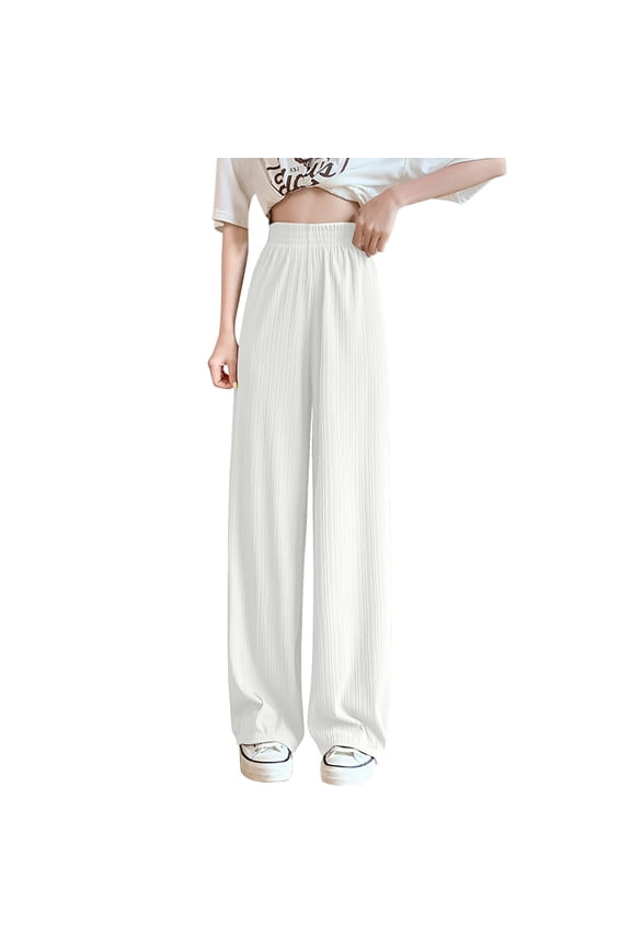 Women's High Waist Pleated Pants Boho Flowy Wide Leg Trousers Loose Casual Ice Silk Straight Pants