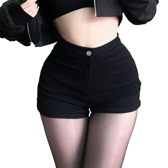 Hvot&aat Women's High Waisted Stretchy Jean Shorts Solid Color Versatile Straight Leg Tights Hot Denim Shorts