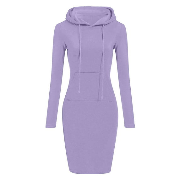 Hvot&aat Women's Hooded Sweatshirt Slim Solid Color Pullover Dress Casual Long Sleeve Mini Dress with Kangaroo Pocket