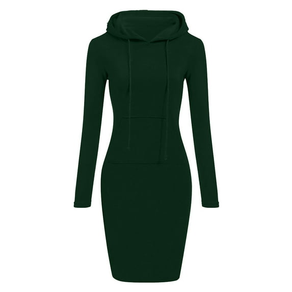 Hvot&aat Women's Hooded Sweatshirt Slim Solid Color Pullover Dress Casual Long Sleeve Mini Dress with Kangaroo Pocket