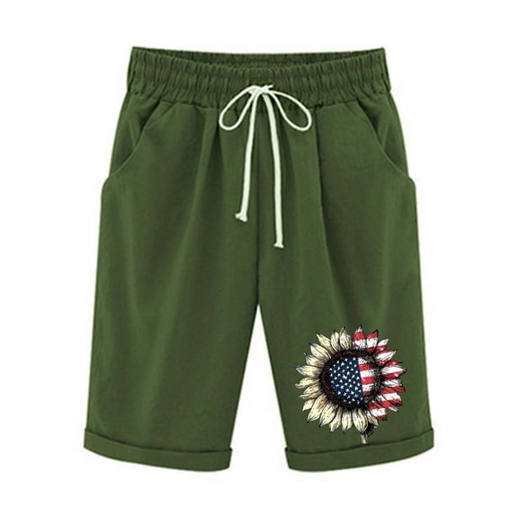 Hvot&aat Women's July 4th Patterned USA Flag Patriotic Shorts Printed Half Shorts Pants Casual Elastic Waist Bermuda Shorts