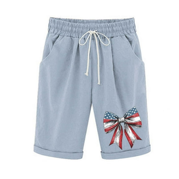 Hvot&aat Women's July 4th Patterned USA Flag Patriotic Shorts Printed Half Shorts Pants Casual Elastic Waist Bermuda Shorts