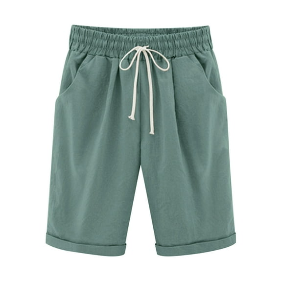 Hvot&aat Women's Knee-Length Bermuda Shorts Temperament Roll Cuff Wide Leg Shorts Elastic Waist Drawstring Shorts
