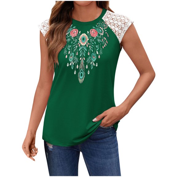 Hvot&aat Women's Lace Cap Sleeve Tops Vintage Floral Printed Summer T-shirt Casual Crew Neck Loose Fit Blouse