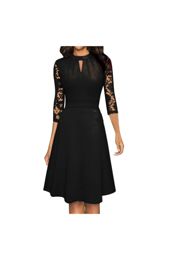 Women's Lace Floral Sleeve Elegant Cocktail Dress Keyhole Crew Neck Knee Length A-Line Dresses for Party