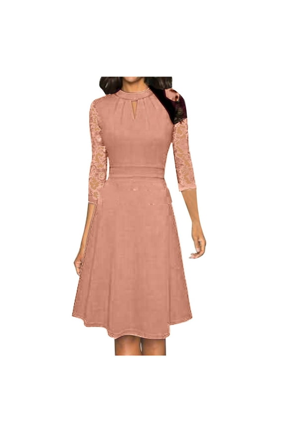 Women's Lace Floral Sleeve Elegant Cocktail Dress Keyhole Crew Neck Knee Length A-Line Dresses for Party