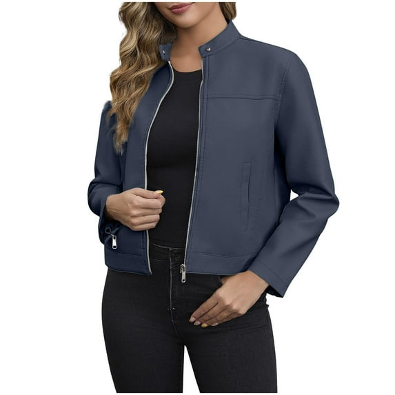 Hvot&aat Women's Leather Motorcycle Suit Solid Color Long Sleeve Outwear Zipper Stand Up Collar Jacket