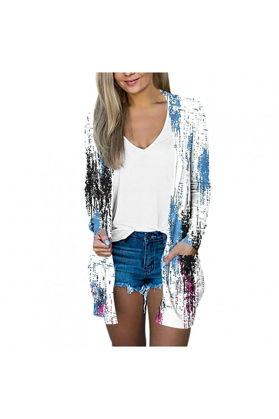 Women's Long Sleeve Cardigan Casual Printed Mid-Length Coat with Pocket Open Front Cover Up Blazers