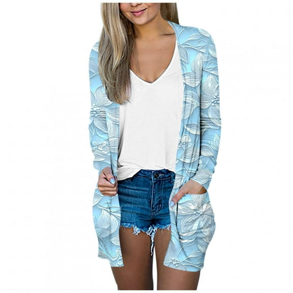 Hvot&aat Women's Long Sleeve Cardigan Casual Printed Mid-Length Coat with Pocket Open Front Cover Up Blazers