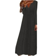HVOT&AAT Women's Long Sleeve Maxi Dress Full Length V Neck Loose Casual 2025 Fall Solid Color Long Dresses