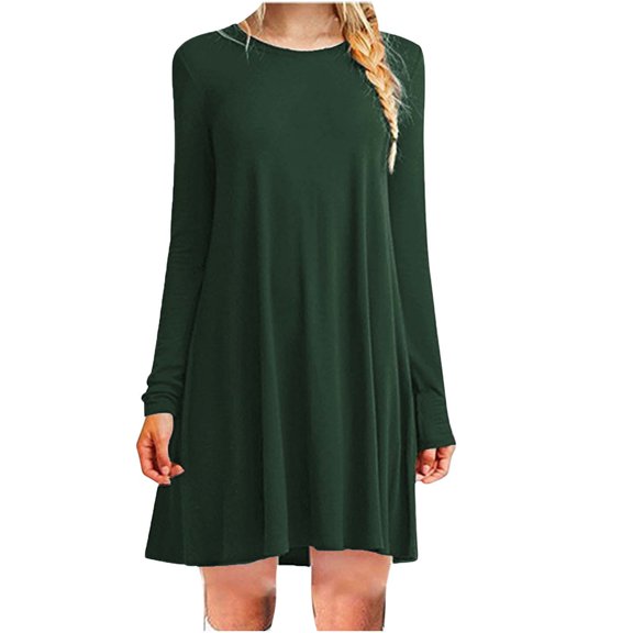 Hvot&aat Women's Long Sleeve T-shirt Dress 2025 Fall Crewneck Loose Casual Solid Color Swing Pullover Short Dresses