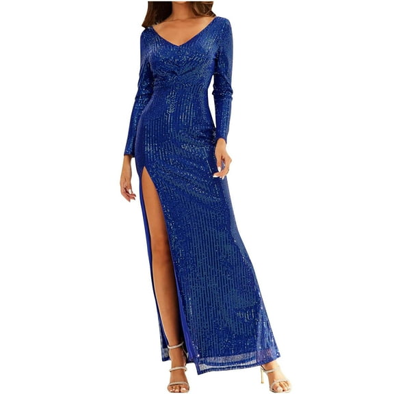 Hvot&aat Women's Long Sleeve V-Neck Sequins Gown Elegant Shinny Mermaid Formal Evening Cocktail Party Prom Dress with Slit