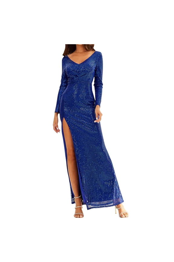 Women's Long Sleeve V-Neck Sequins Gown Elegant Shinny Mermaid Formal Evening Cocktail Party Prom Dress with Slit