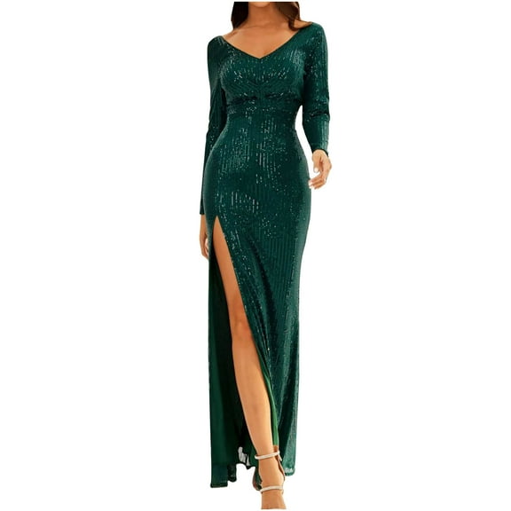 Hvot&aat Women's Long Sleeve V-Neck Sequins Gown Elegant Shinny Mermaid Formal Evening Cocktail Party Prom Dress with Slit