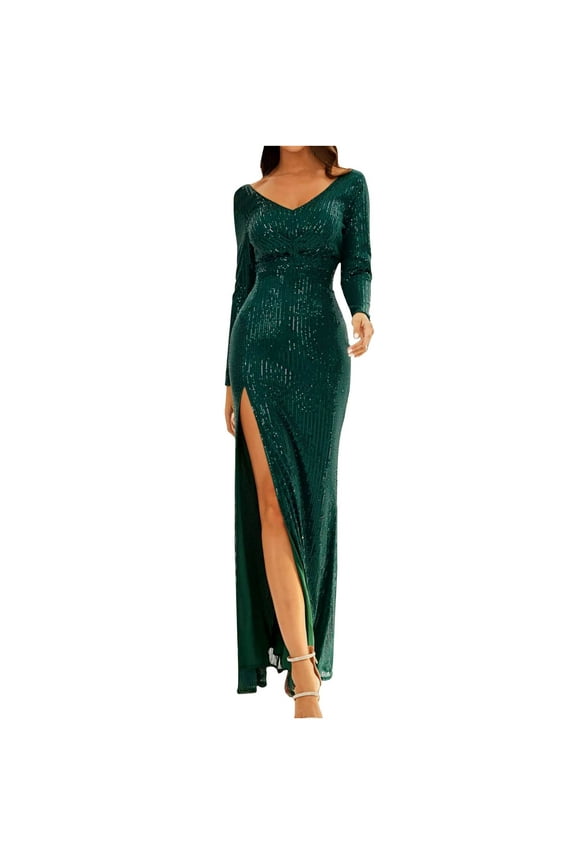 Women's Long Sleeve V-Neck Sequins Gown Elegant Shinny Mermaid Formal Evening Cocktail Party Prom Dress with Slit