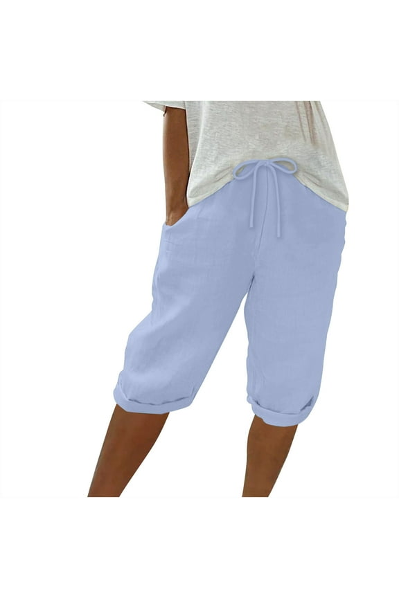 Women's Loose Fit Knee Length Bermuda Shorts Elastic Waist Drawstring Pants Solid Color Shorts with Pockets