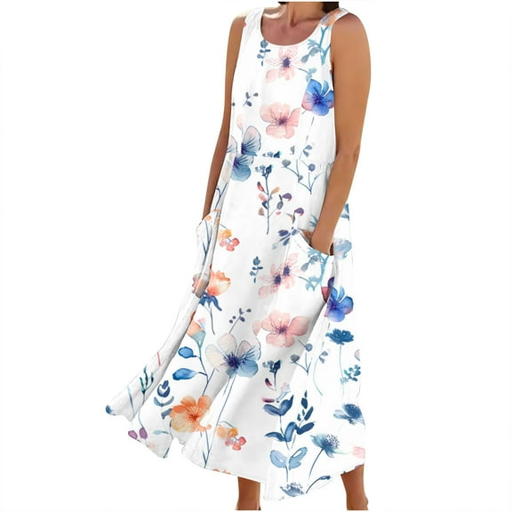 Hvot&aat Women's Loose Floral Printed Sundress Flowy Beach Dress Sleeveless Scoop Neck Tank Dresses with Pockets