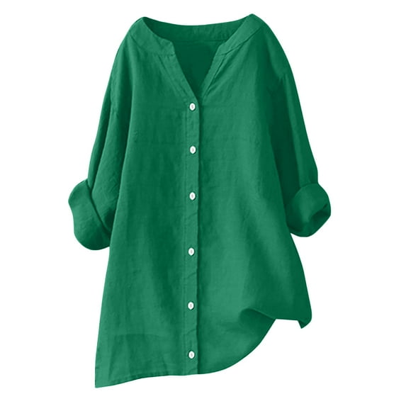 Hvot&aat Women's Loose Linen Tunic Blouse Summer Button Down Breathable Lightweight Shirts Solid Color Long Sleeve Cardigan