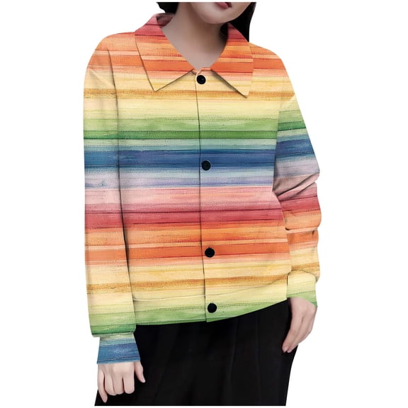 Hvot&aat Women's Loose Ribbed Knit Shirts Gradient Button Down Lapel Blouse Casual Long Sleeve Coat