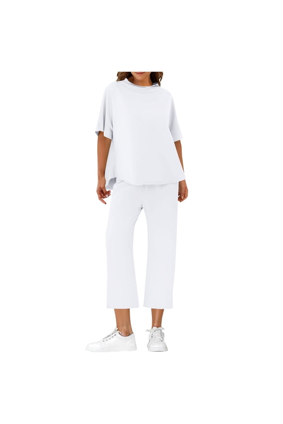 Women’s Lounge Set Soft Stretchy Half Sleeve Top Wide Leg Pants 2 Piece Solid Vacation Beach Travel Outfits