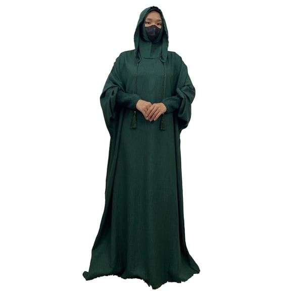 Hvot&aat Women's Muslim Prayer Dress Solid Color Batwing Long Sleeve Casual Middle East Arabian One-Piece Robe with Hijab