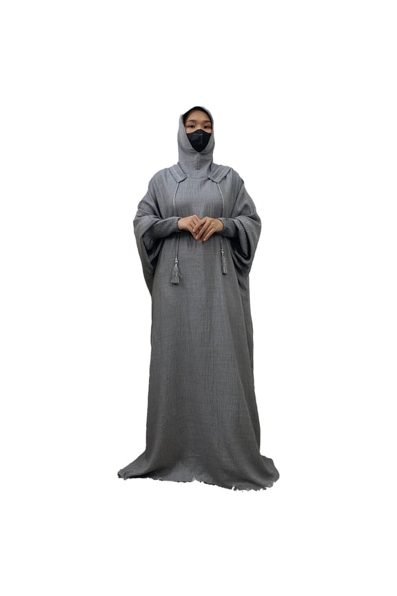 Women's Muslim Prayer Dress Solid Color Batwing Long Sleeve Casual Middle East Arabian One-Piece Robe with Hijab