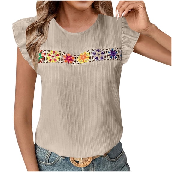 Hvot&aat Women's New Crewneck Embroidered Tops Ruffle Short Sleeve Flowy Babydoll Blouse Boho Textured Pullover