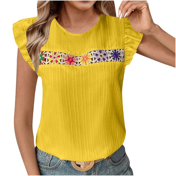 Hvot&aat Women's New Crewneck Embroidered Tops Ruffle Short Sleeve Flowy Babydoll Blouse Boho Textured Pullover